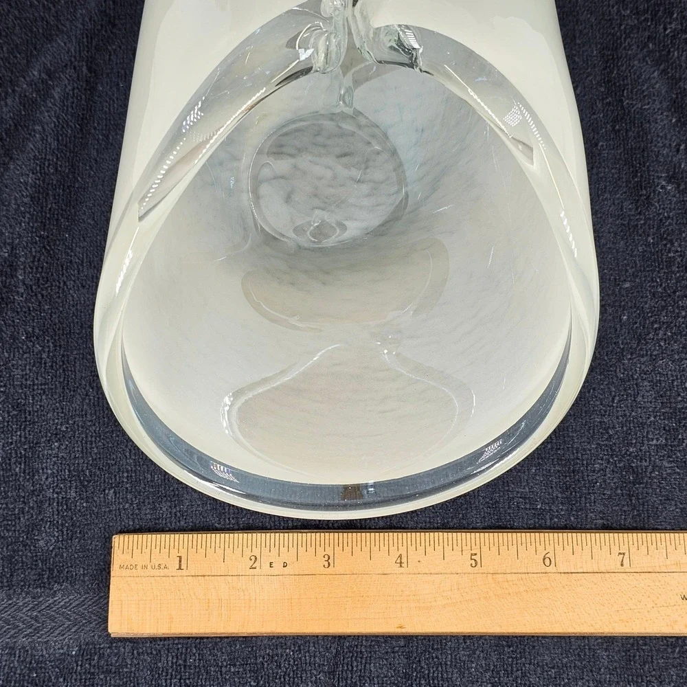 Modern Murano Style Hand Blown Art Glass Vase White Cased Glass Folded Rim Decor